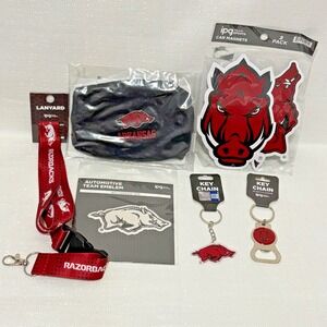 Arkansas Razorbacks Fan Lot – Lanyard, Keychains, Car Magnets, Emblem, Face Mask